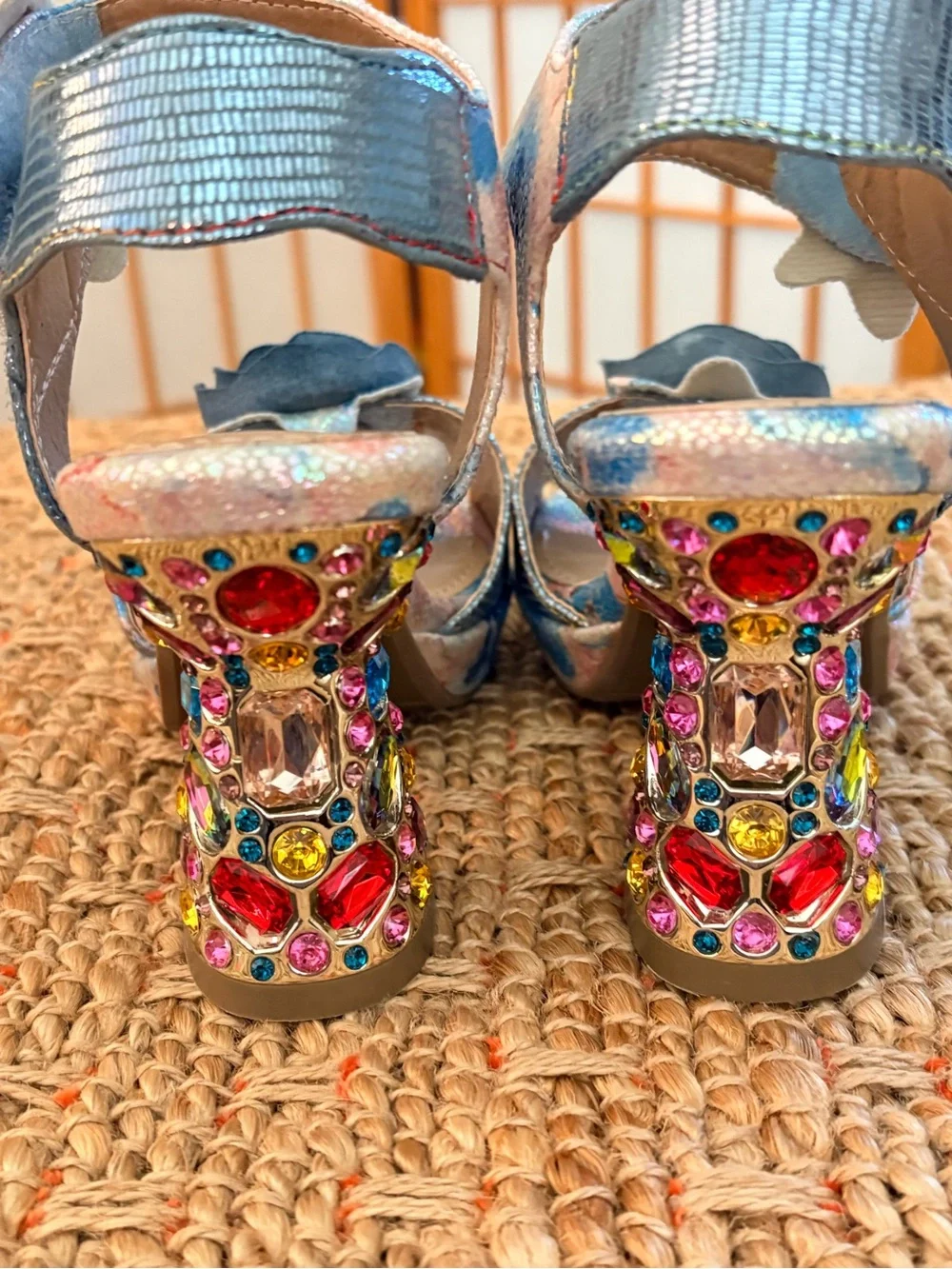 L’Artiste Iridescent Floral Appliqué Block Embellished Heels Blue-Pink Size 35